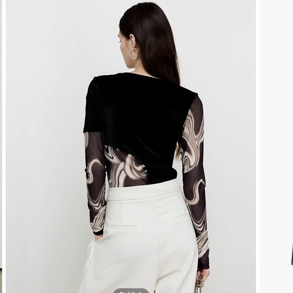 Commense Black Velvet with Mesh Gray/Tan Swirls Top (Mesh Cutout and Sleeves) - Picture 6 of 10